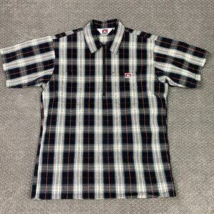 Ben Davis Shirt Mens Medium Black Gray Plaid 1/2 Zip Short Sleeve Work Workwear